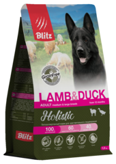 Сухой корм для собак Blitz Holistic Lamb & Duck Adult Dog Medium & Large breeds беззерновой с ягненком и уткой для средних и крупных пород гипоаллергенный корм для чувствительного пищеварения, 1,5 кг