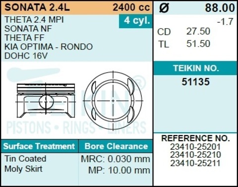 Поршень двигателя TEIKIN 51135 0.50 (4шт/упак)