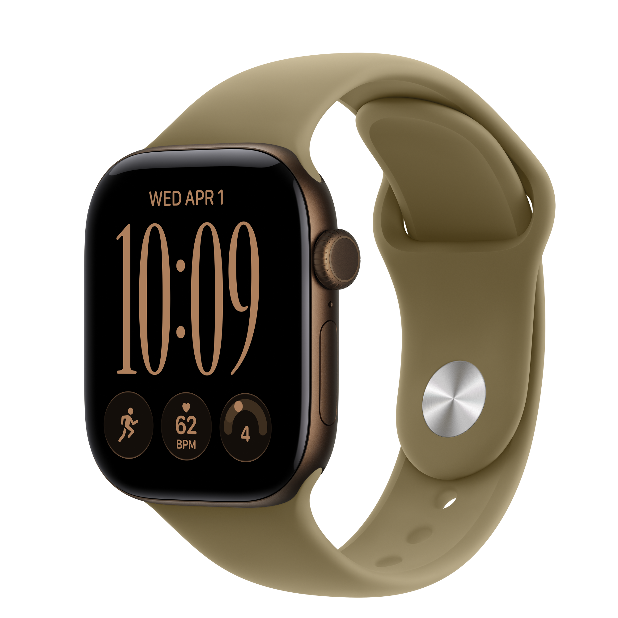 Apple Watch Series 12, Dark Bronze (тёмная бронза) — официальное изображение Apple с подходящим ремешком