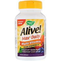 Nature's Way, Alive! Max6 Daily, мультивитаминный комплекс, без добавления железа, 90 растительных капсул