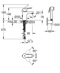 Смеситель для раковины GROHE BauEdge с цепочкой и гигиеническим душем, S-Size, хром 23757000