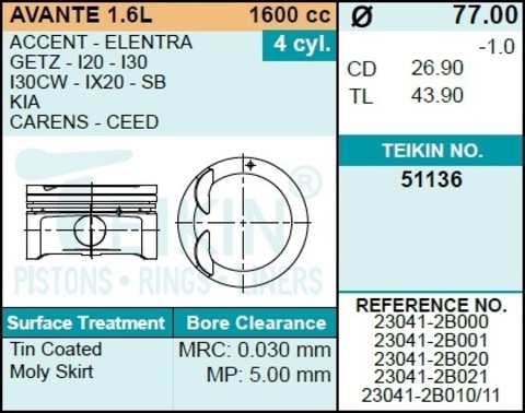 Поршень двигателя TEIKIN 51136 0.50 (4шт/упак)