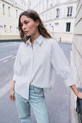 ZARA РУБАШКА В ПОЛОСКУ С ОБЪЕМНЫМИ РУКАВАМИ, БЕЛЫЙ/ЧЕНЫЙ
