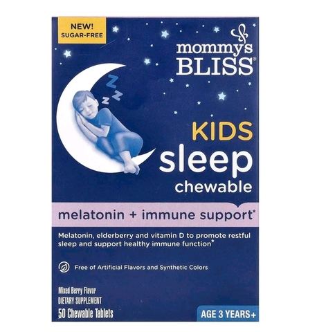 Mommy bliss, Детские жевательные таблетки для сна, мелатонин и поддержка иммунитета, от 3 лет, ягодное ассорти, 50 жевательных таблеток