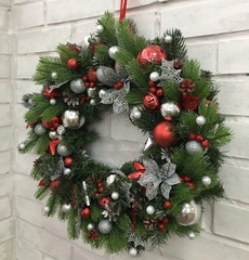 Венок новогодний еловый, рождественский, реалистичный, 27 см, 1 шт.