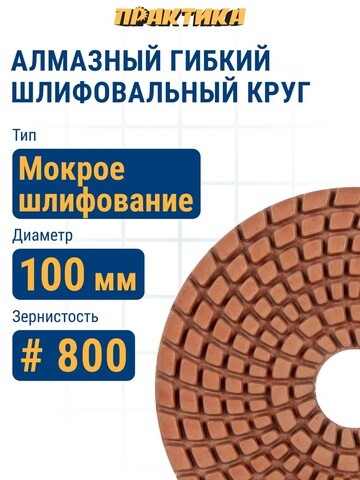 Круг алмазный гибкий шлифовальный ПРАКТИКА 100 мм для мокрого шлифования, P 800 (925-488)