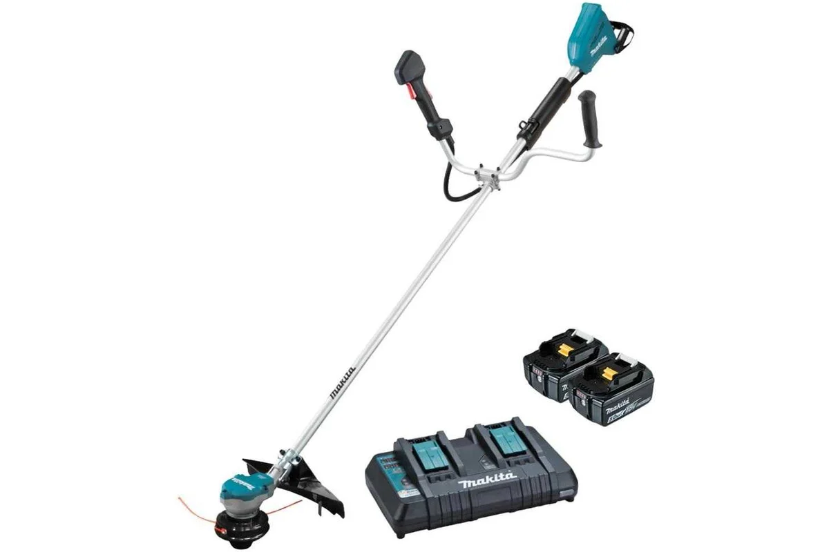 Аккумуляторная коса Makita LXT BL 2х18В,550Вт, велорукоятка, нож 4T, d-23см, М10xLH, (2xBL1850B, DC18RD) DUR368APT2