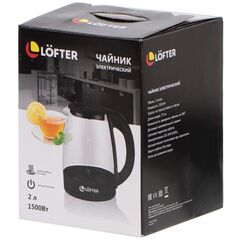 Чайник электрический Lofter, C01, черный, 2 л, 1500 Вт, скрытый нагревательный элемент, стекло