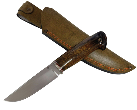 Нож Соболь, сталь M390, рукоять стаб.карельская берёза, мельхиор