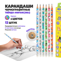 
          Набор черных простых заточенных карандашей, 12 шт, с ластиком, MC-Basir, с рисунком Котиков, деревянные обычные чернографитные карандаши для начинающих, HB (твердо-мягкий), графитовые серые для школы