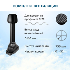 Комплект вентиляции: Вентиляционный выход D110 не утепленный высота H=500 мм, проходной элемент PROF-21 для металлопрофиля кровельного профнастила С21, колпак вентиляционный D110, черный