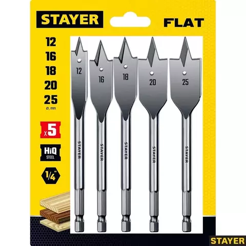 STAYER Flat, 5 шт: 12-16-18-20-25 мм, набор перовых сверл по дереву (2950-H5)