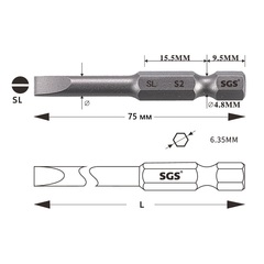 Бита шлицевая SL2,5x0,4 х75мм S2 1шт SGS 6375-SL2.5