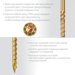 ЗУБР КС-П, 200 х 6.0 мм, TX30, потайная головка желтый цинк, 100 шт (2,21 кг.), конструкционный саморез, Профессионал (30041-60-200)