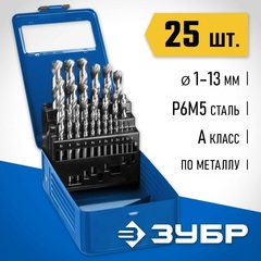 ЗУБР ПРОФ-А, 25 шт, (1-13 мм), сталь Р6М5, класс А, мет.бокс, набор сверл по металлу, Профессионал (29625-H25)