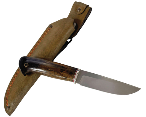 Нож Соболь, сталь M390, рукоять стаб.карельская берёза, мельхиор