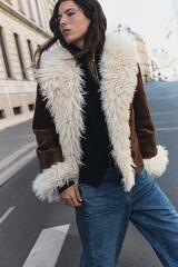 ZARA КОМБИНИРОВАННАЯ КУРТКА ИЗ ИСКУССТВЕННОГО МЕХА, КОРИЧНЕВЫЙ