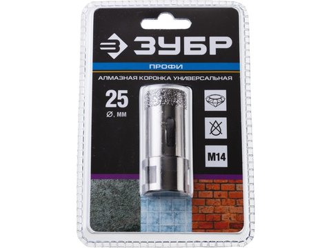ЗУБР АВК, d 25 мм, (М14, 15 мм кромка), вакуумная алмазная коронка, Профессионал (29865-25)