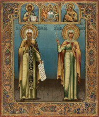 Иоанн Дамаскин и мученица Агриппина. Деревянная икона на левкасе