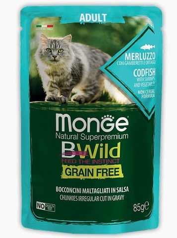 Monge Cat BWild GRAIN FREE паучи из трески с креветками и овощами для взрослых кошек 85г