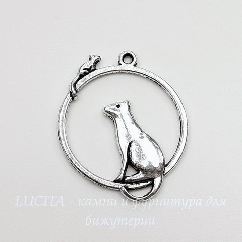 Подвеска  "Кошка с мышкой" (цвет - античное серебро) 32х26 мм