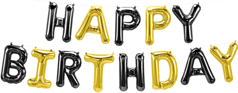 Шар К Надпись, Happy Birthday, Черный/Золото, 16''/41 см. (под воздух)