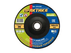 Круг лепестковый шлифовальный ПРАКТИКА 180 х 22 мм Р36  серия Профи (919-242)