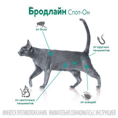 Бродлайн Спот-Он капли на холку для кошек весом от 2,5 до 7,5 кг от блох, клещей и гельминтов, 0,9 м