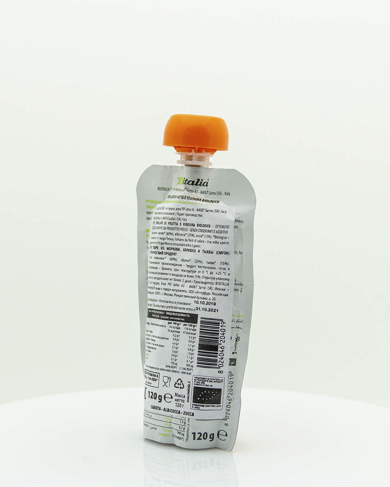 Пюре Bioitalia из Моркови, Абрикоса и Тыквы-Смузи 120 г