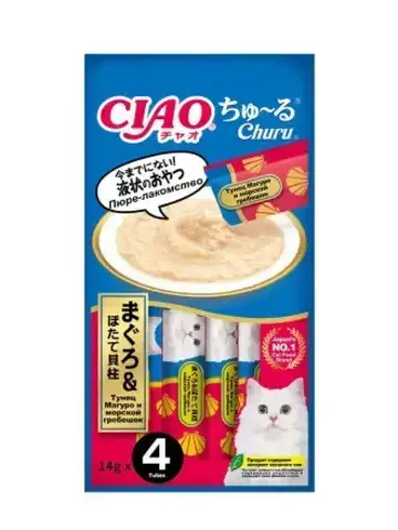 INABA Ciao Churu пюре для кошек тунец магуро и морской гребешок 14 г*4