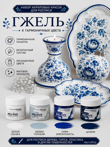 Акриловая меловая матовая краска MELOVE, Набор Гжель 4штх20мл., ProstoArt