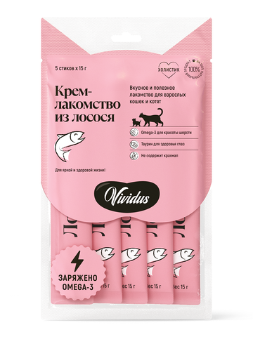 Vividus крем-лакомство для кошек и котят лосось, стики - 5 шт