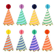 Колпачки цветные в полоску "С Днем Рождения" [Happy Birthday] 8 шт. (9,5 x 15,2 см)