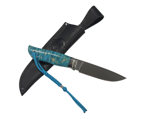 Нож Соболь, Bohler K340, рукоять кап клёна, голубой, литье мельхиор