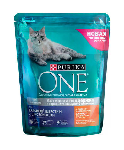 Purina One сухой корм для взрослых кошек для красивой шерсти с курицей 750 г
