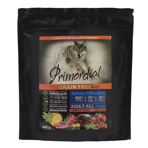 PRIMORDIAL сухой корм для собак беззерновой (тунец,ягненок) 400 г