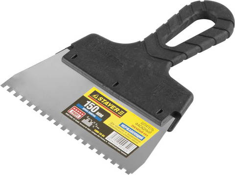 STAYER PROFlat, 150 мм, зуб 4 х 4 мм, пластиковая ручка, зубчатый, нержавеющий фасадный шпатель, Professional (1009-15-04) (12штук)