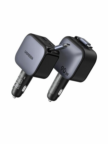 Автозарядка UGREEN EC603 (55909B) 90W Fast Car Charger USB-A&USB-C with Retractable Cable USB-C с выдвижным кабелем, металлик
