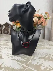 Ошейник Цепочка Металлический с Сердечками и креплением (Черная цепочка Красное Сердечко)