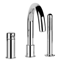 Gessi Goccia 33637#147 Смеситель для ванны на 3 отверстия, с встроенным в излив переключателем и ручным душем, цвет: шлифованный хром фото