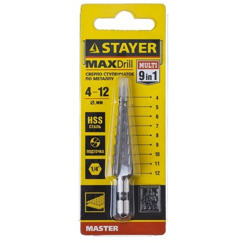 STAYER 4-12 мм, 9 ступеней, сталь HSS, ступенчатое сверло (29660-4-12-9)