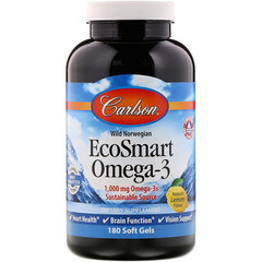 Carlson Labs, EcoSmart Omega-3, натуральный ароматизатор «Лимон», 1000 мг, 180 мягких таблеток