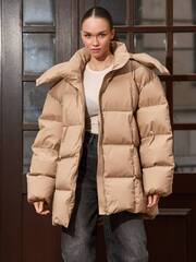 Пуховик средней длины с поясом Sesame Beige