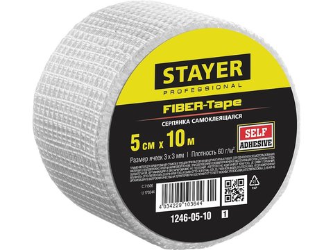 STAYER FIBER-Tape, 5 см х 10 м, 3 х 3 мм, самоклеящаяся серпянка, Professional (1246-05-10)