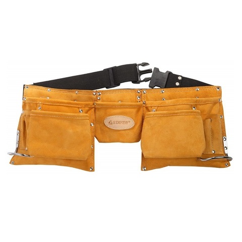 STAYER кожаный, 2 скобы, пояс для инструментов с 11 карманами, Professional (38520)