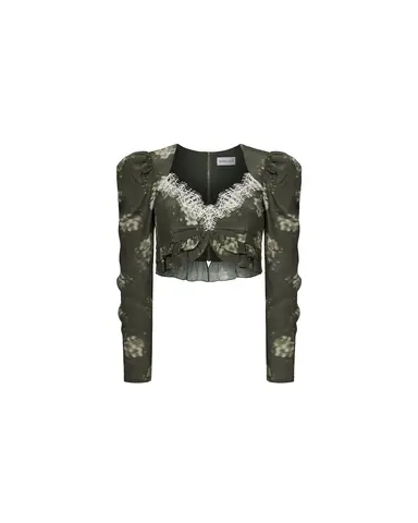 Ренни (Rennie top), топ из хаки крепдешина с молочными цветами
