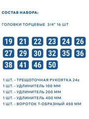 Набор головок торцевых КОБАЛЬТ с трещоткой 3/4