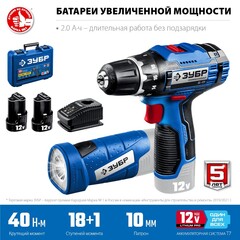 ЗУБР 12 В, 40 Н·м, 2 АКБ тип Т7 (2 А·ч), дрель-шуруповерт + LED фонарь, кейс, Профессионал (DL-121-22F)
