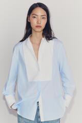 ZARA РУБАШКА В ПОЛОСКУ С МАНИШКОЙ ZW COLLECTION, СИНИЙ/БЕЛЫЙ