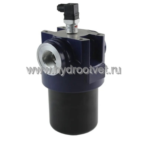 Фото LFBN/HC330IF10D1.1/-L24 - Линейный фильтр гидравлический одинарный модели LF тонкость фильтрации 10 мкм, типоразмер 330, вид присоединения: резьба G11/2, материал корпуса - алюминий, рабочее давление до 100 бар, визуально-электрический (лампа с напряжением 24В) индикатор загрязнения